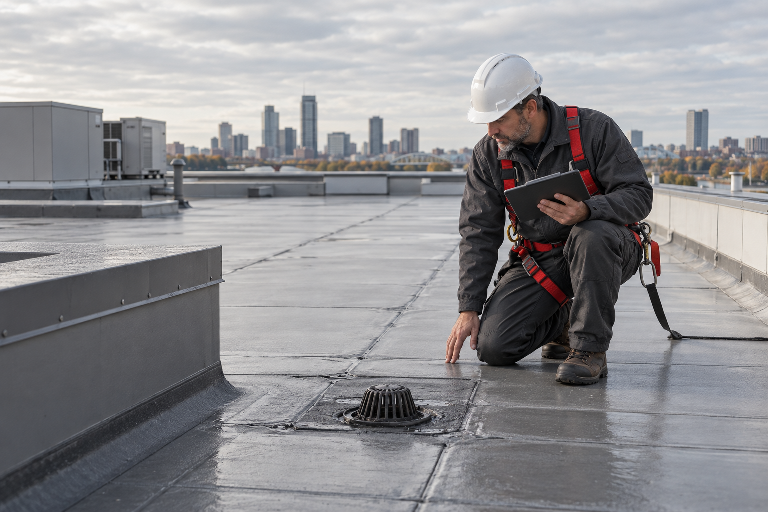 Commercial roofing professional inspecting membrane and drainage conditions.