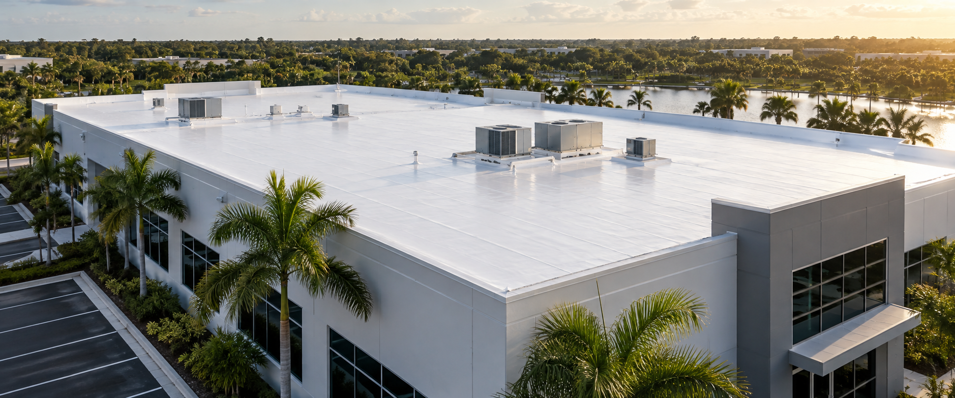 Aerial view of a finished white low-slope roof on an occupied commercial property.