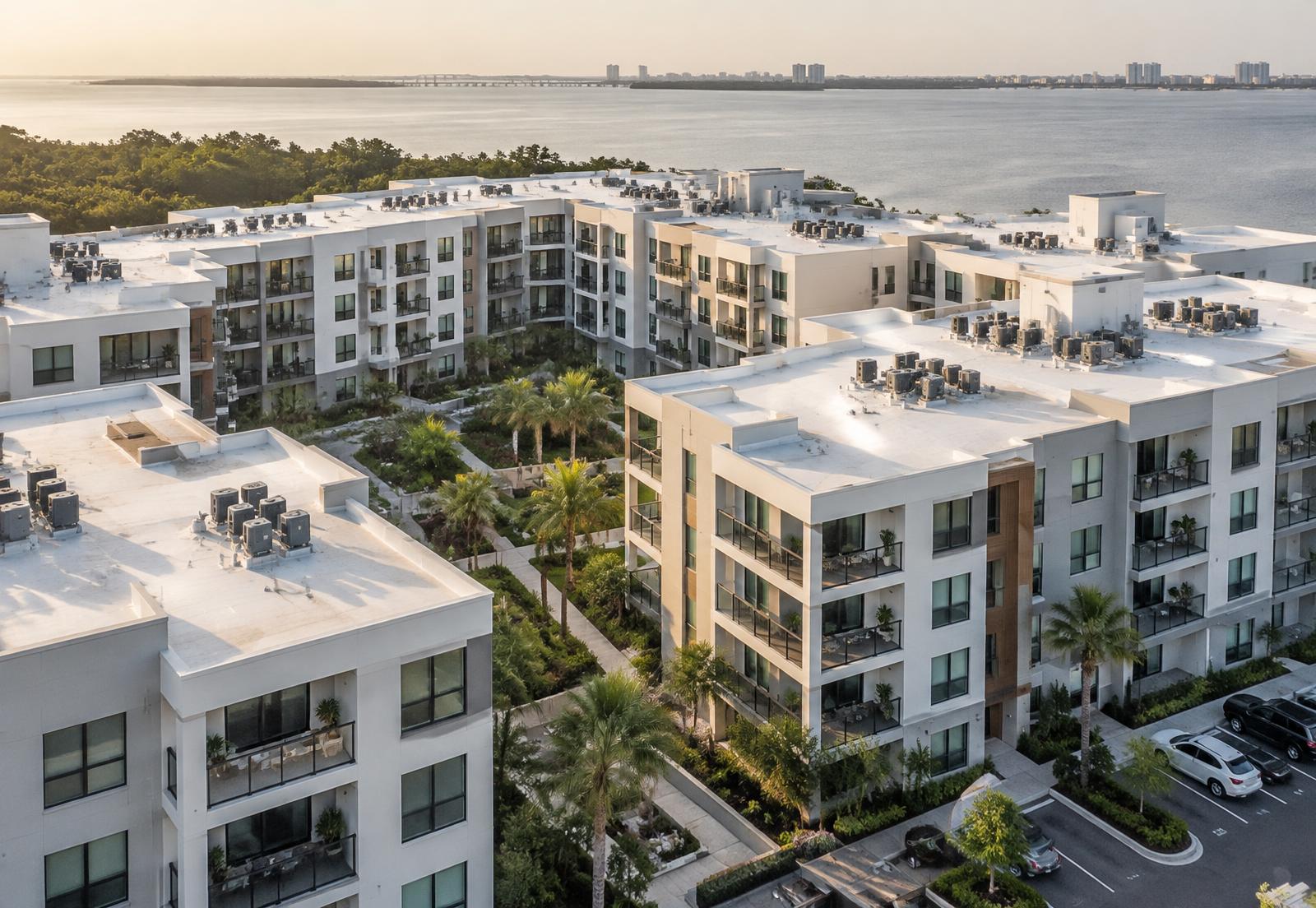 Illustrative aerial context of an occupied multifamily property with white low-slope roofs, rooftop equipment, balconies, and courtyards.